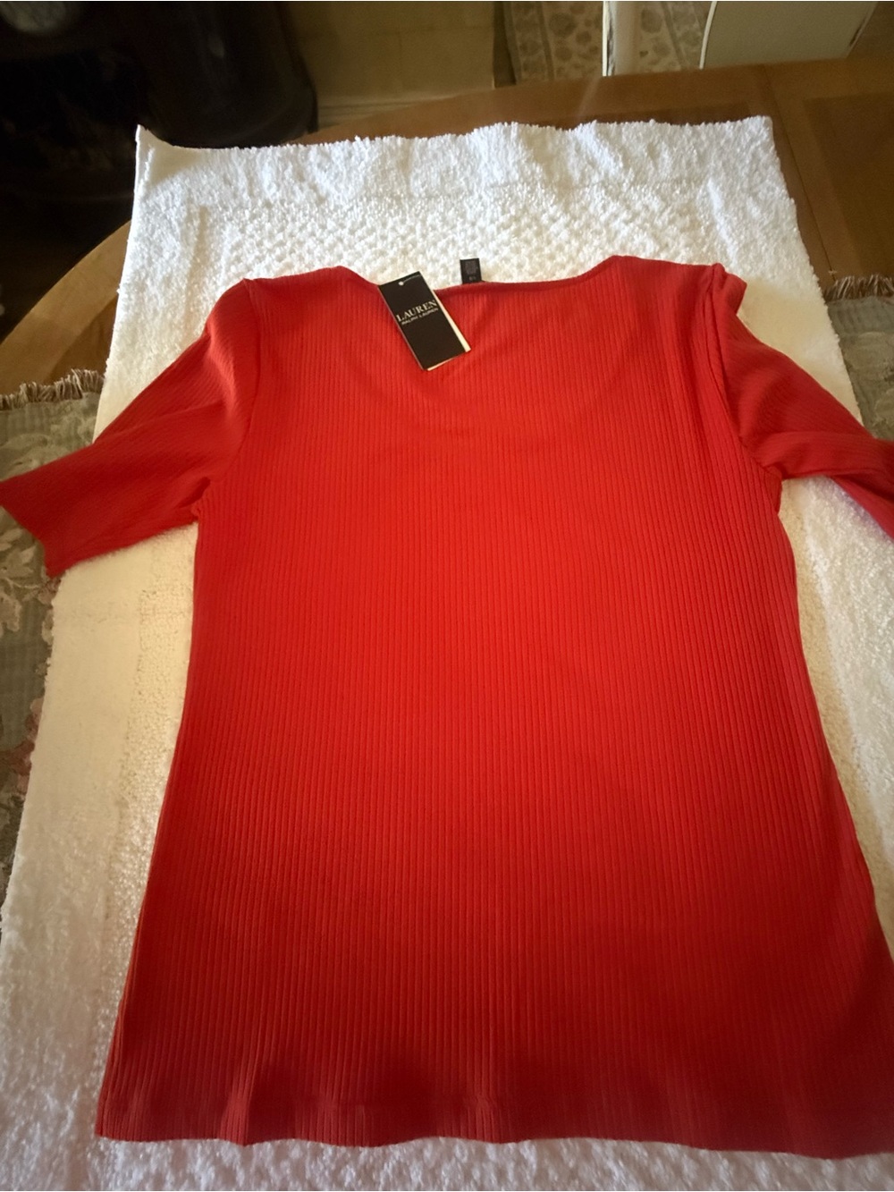 Ralph Lauren Red Ribbed Scoop-Neck Elbow-Length Top, Size Large